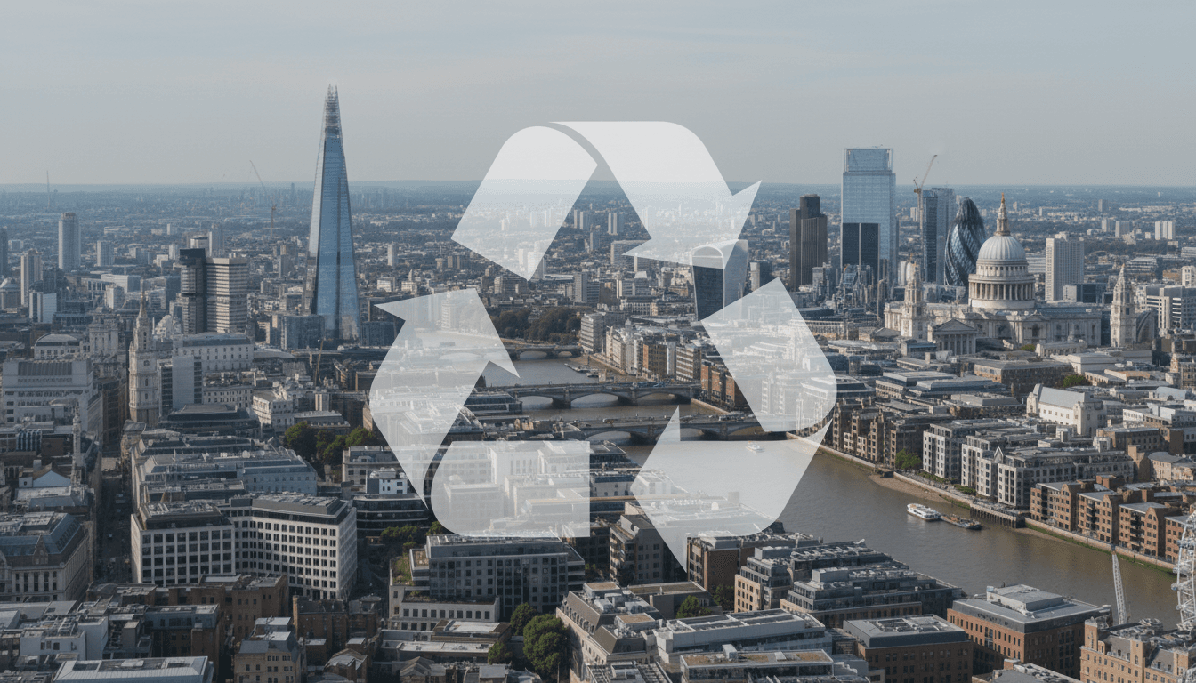 London cityscape with recycling symbol overlay, natural lighting, professional tone.