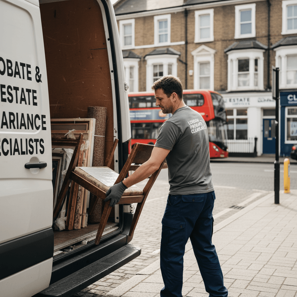 Professional carefully loading cleared items into removal vehicle for responsible disposal