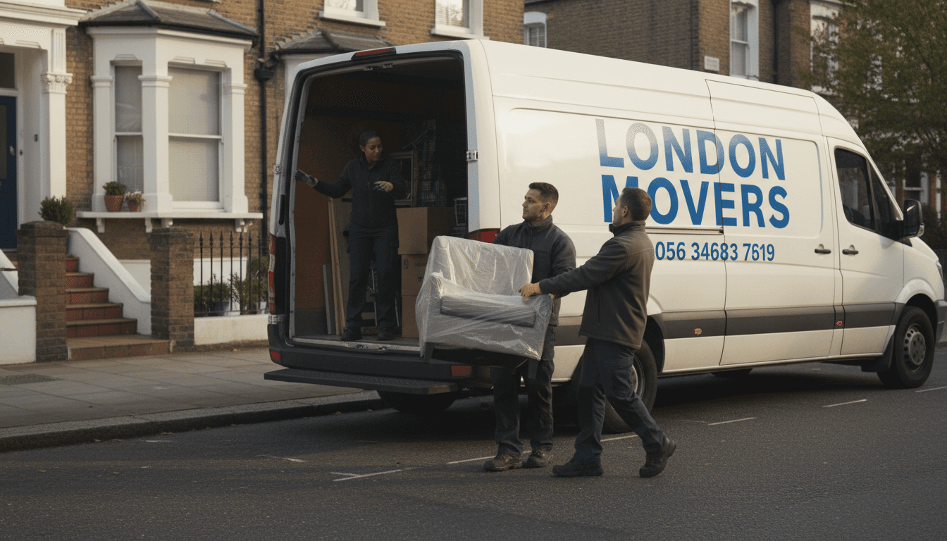 Professional estate clearance workers efficiently loading items into removal van on London street