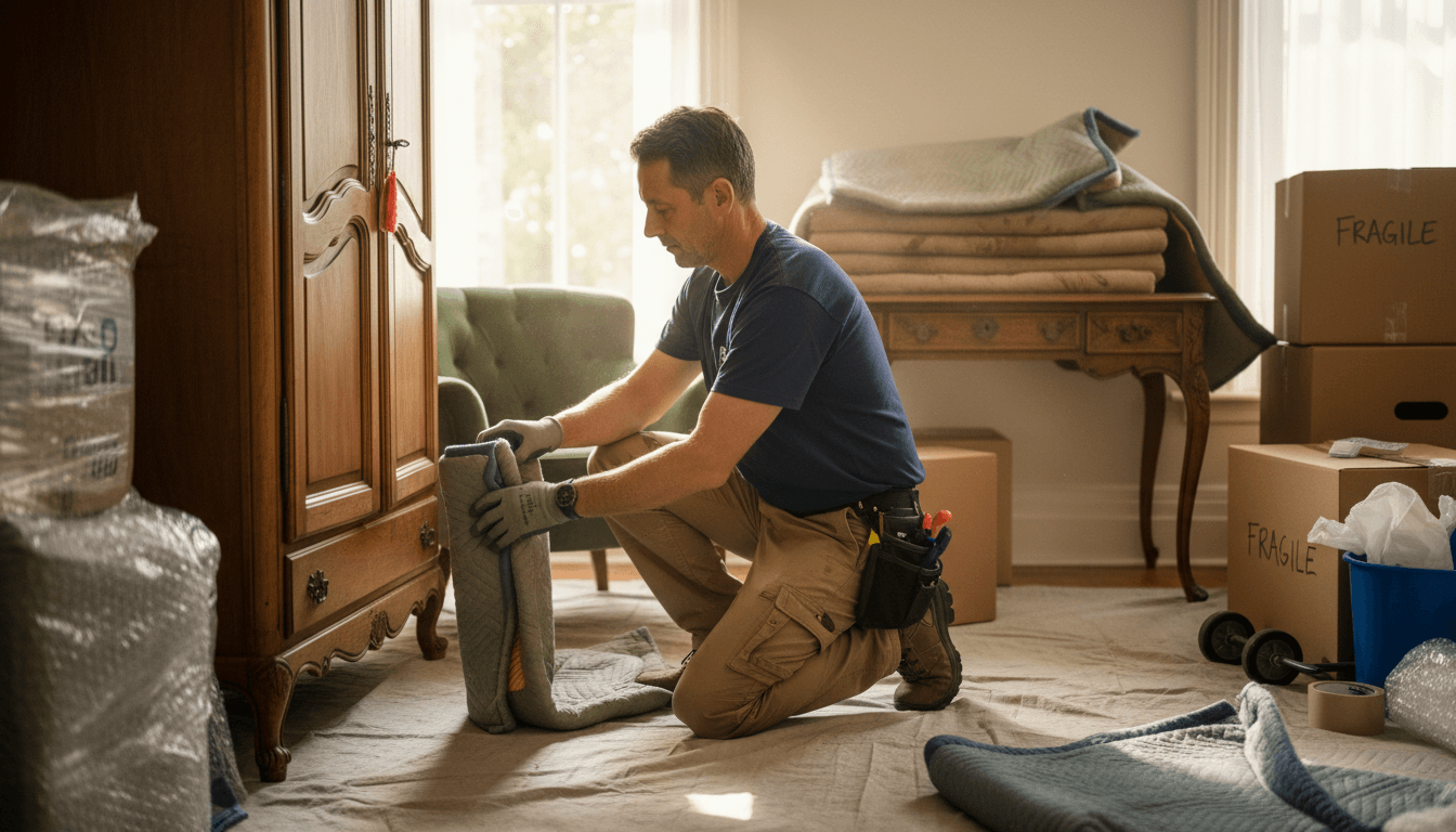 Professional estate clearance worker carefully handling furniture with sensitivity and care