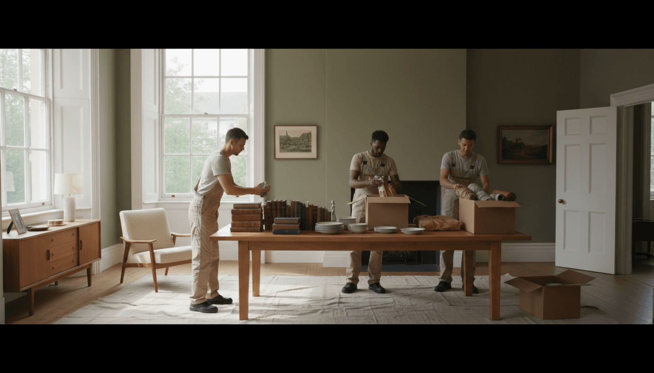 Professional estate clearance team carefully organizing and preparing furniture and items for removal in a London home