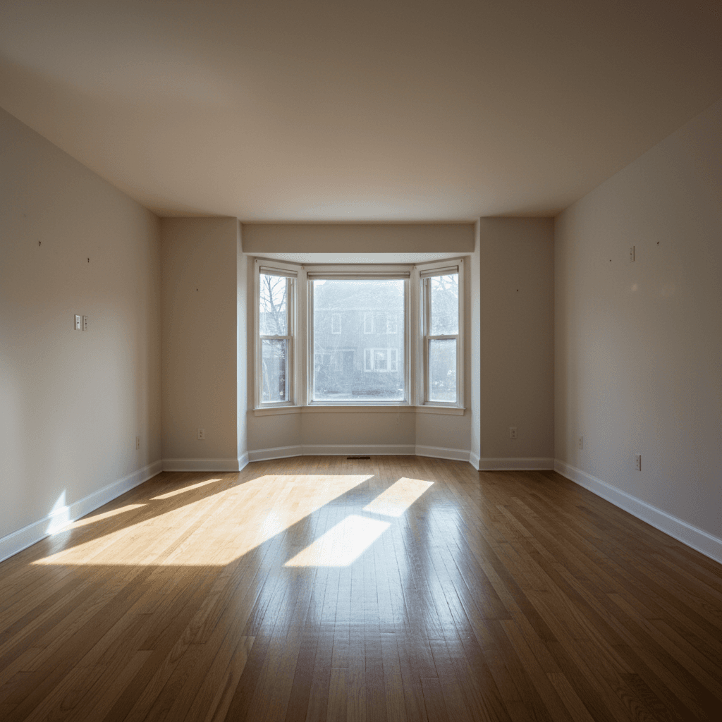 Empty living room after estate clearance, bright natural light through windows