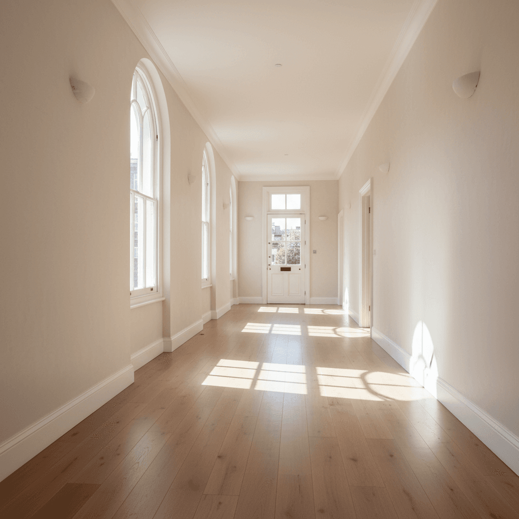Hallway after full estate clearance showing clean floors and bright open space
