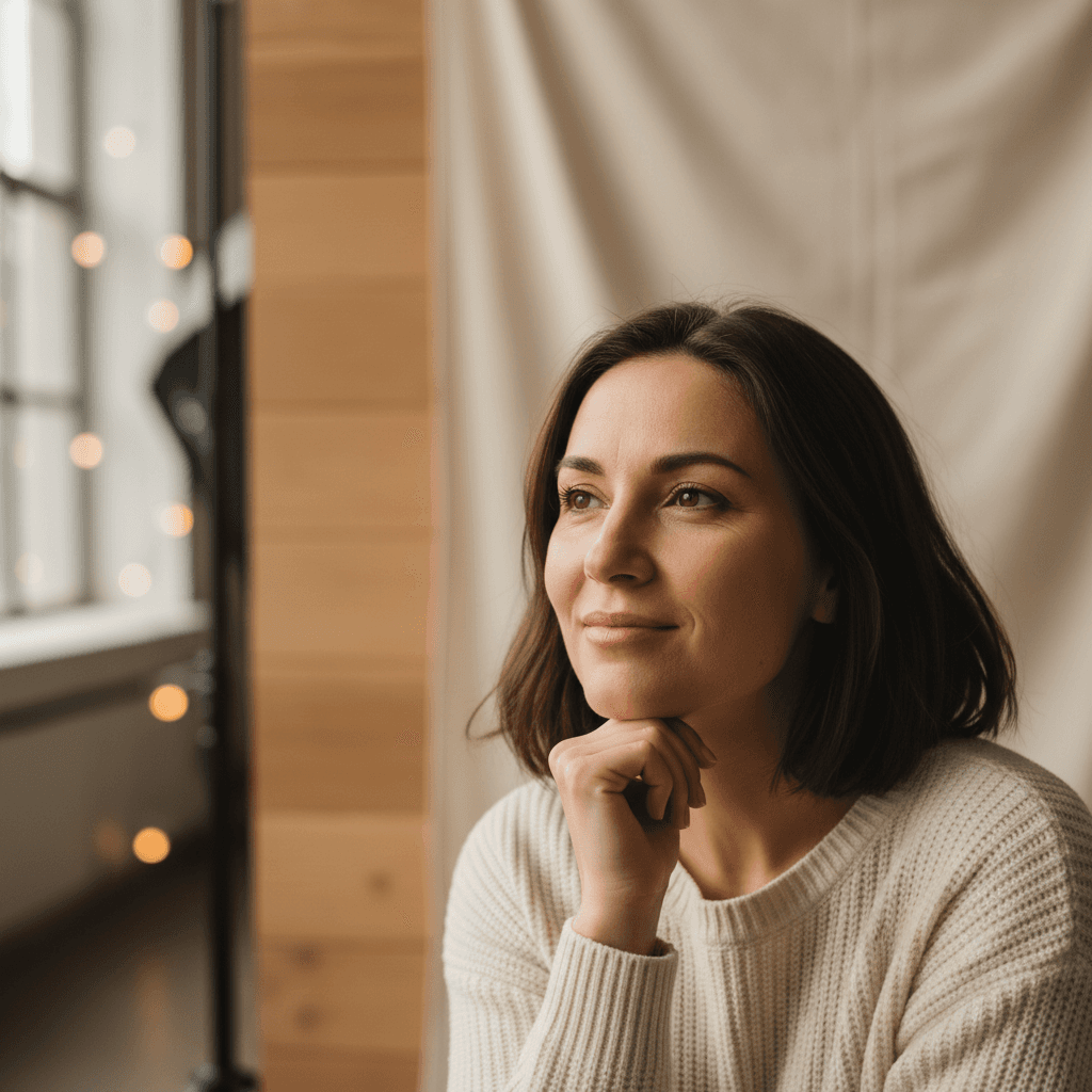 Woman with confident expression in soft studio light during professional portrait photography session