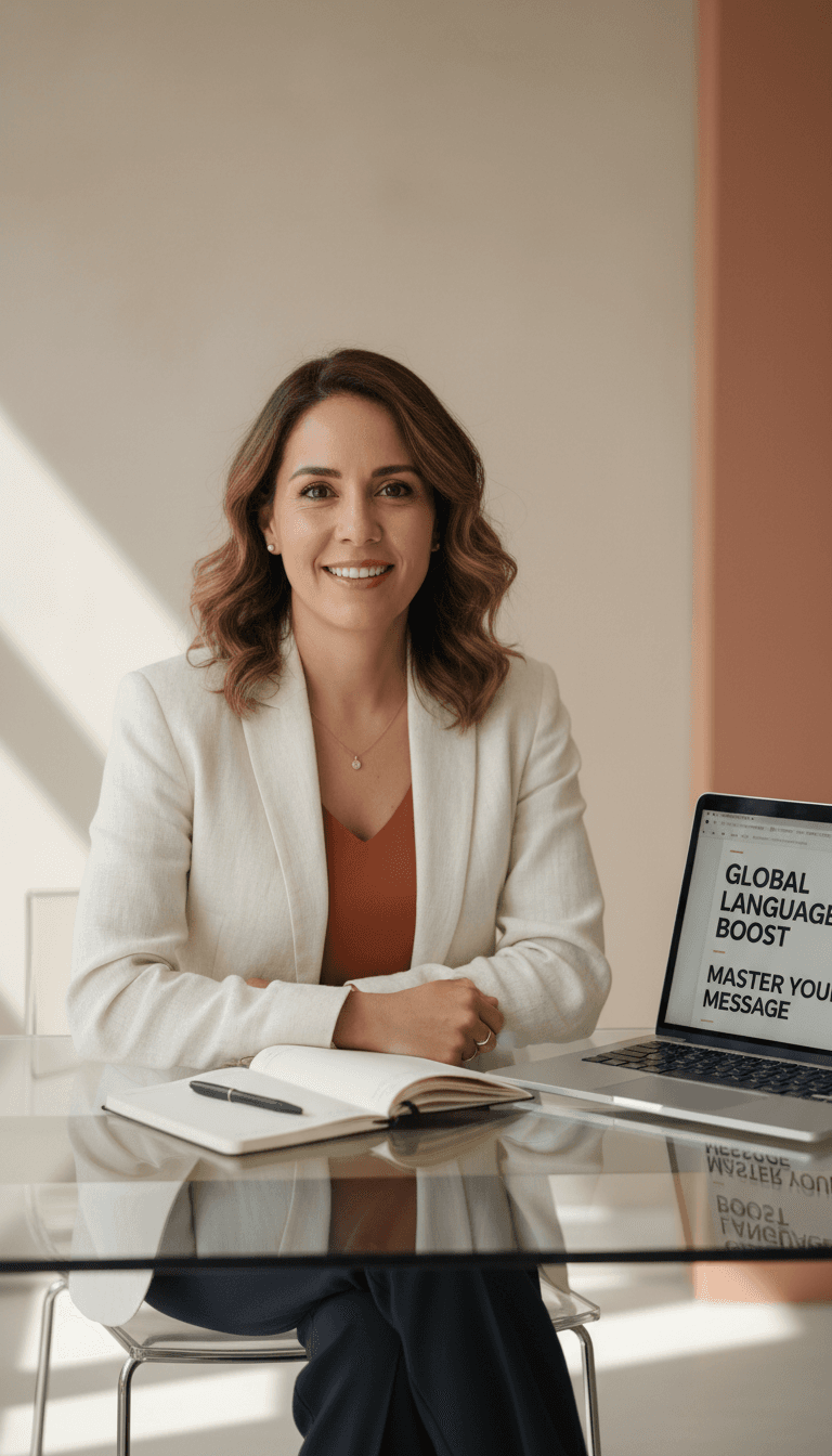 Professional woman instructor at desk with laptop, displaying confidence and expertise in language and digital marketing services